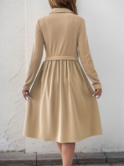 Perfee Fake Two Piece Collared Neck Long Sleeve Midi Dress