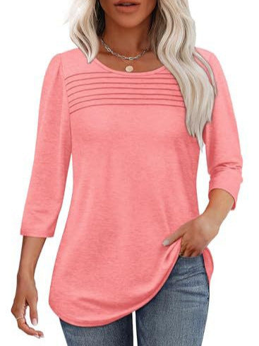 Soft Pleated 3/4 Sleeve Top - Polyester Blend Round Neck Pullover