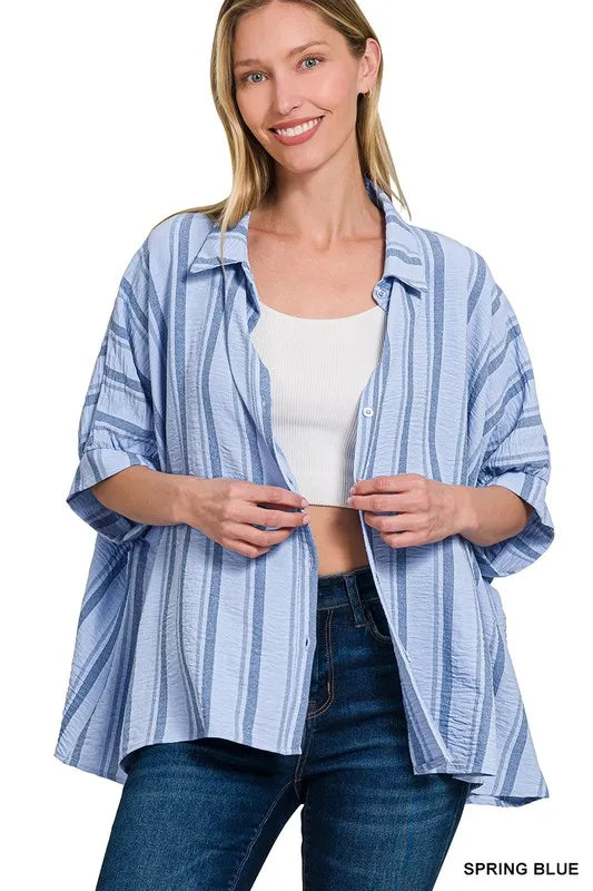 Zenana Woven Yarn-Dye Stripe Oversized Button Down Shirt