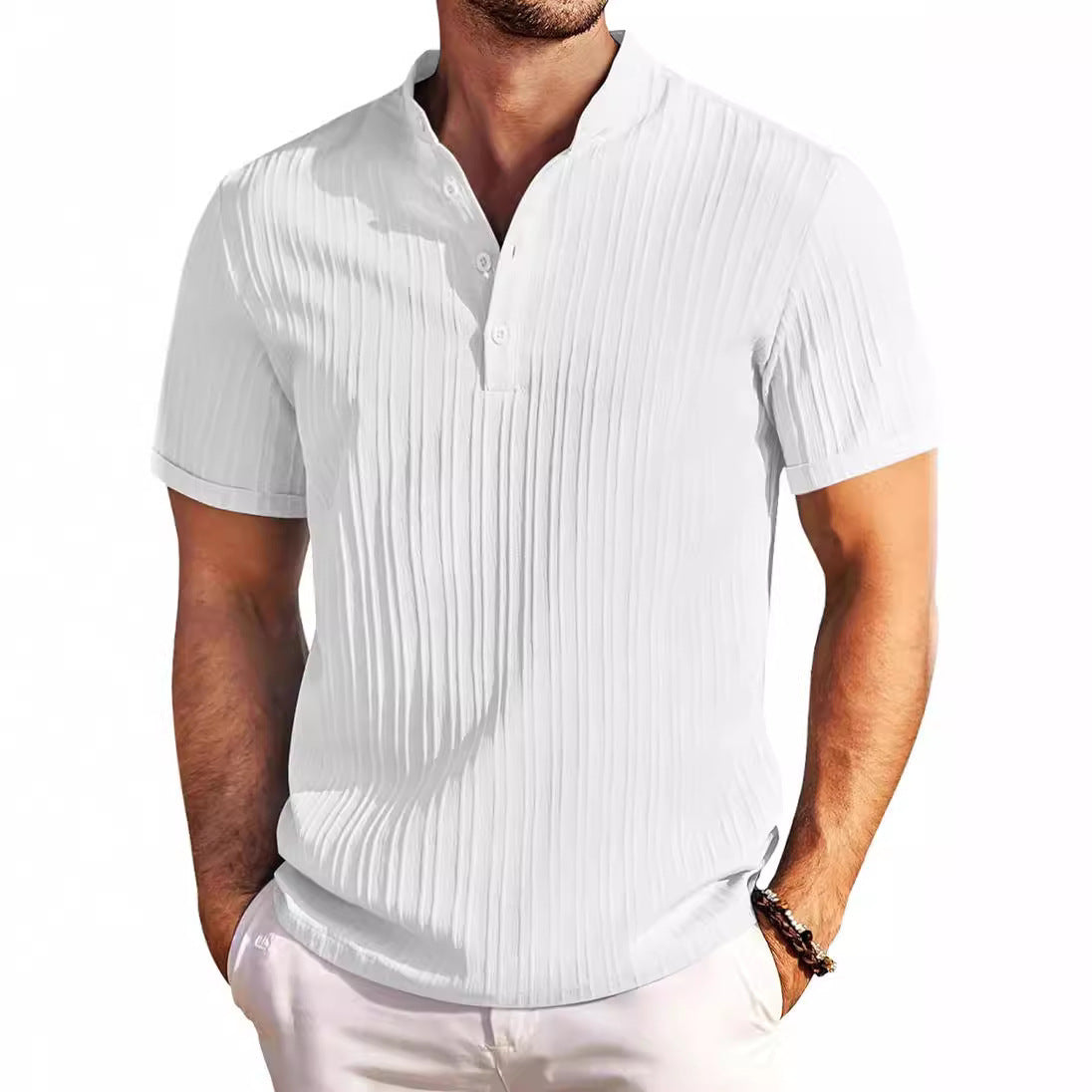 Lightweight Stripe Stand Collar Polo Shirt - Acetate Polyester
