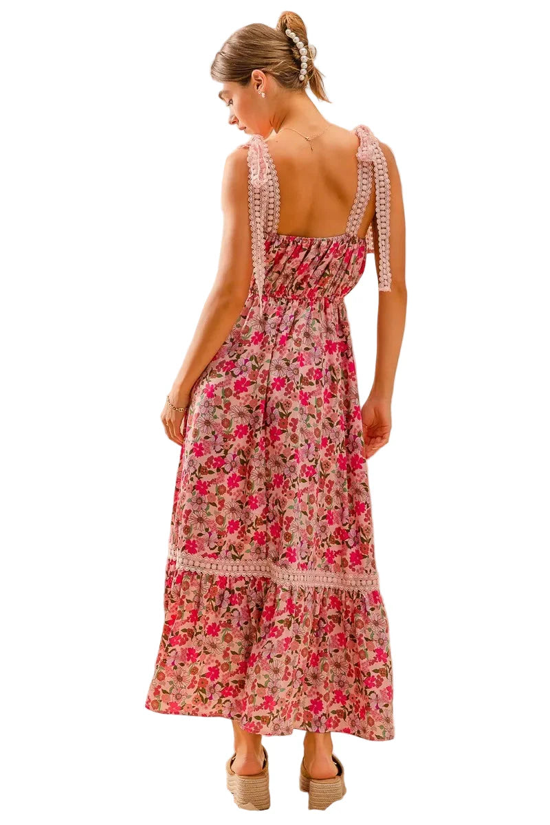 Floral Maxi Dress with Ribbon Tie Lace Strap
