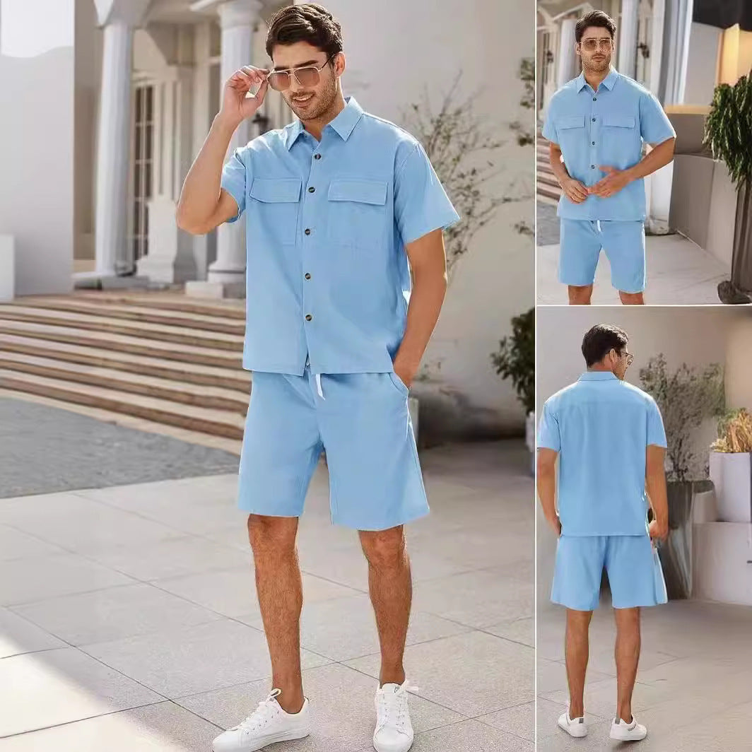 Men's Cotton Linen Two-Piece Summer Set - Short Sleeve Shirt & Shorts