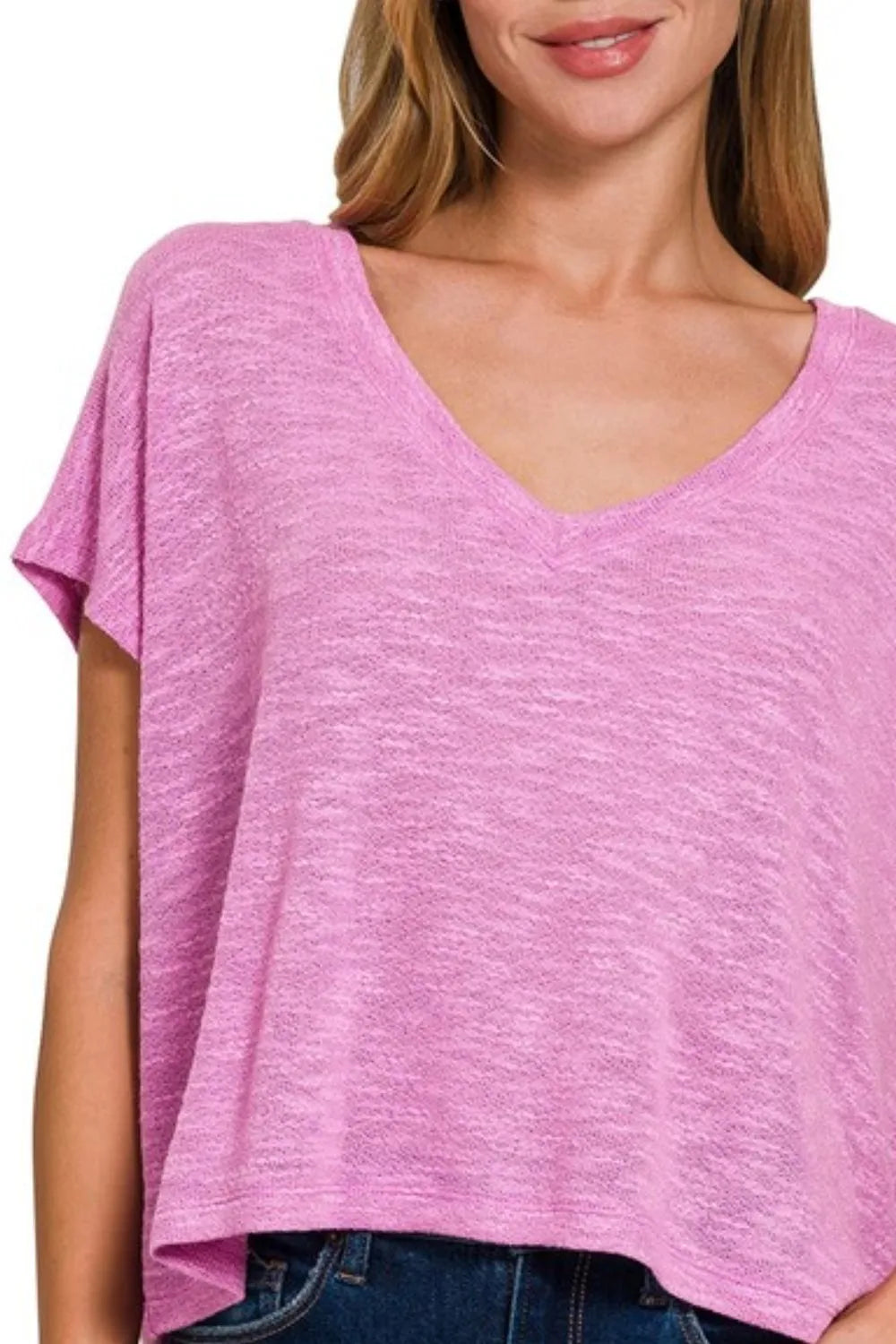 Zenana Hacci Slub V-neck Drop Shoulder Crop Top