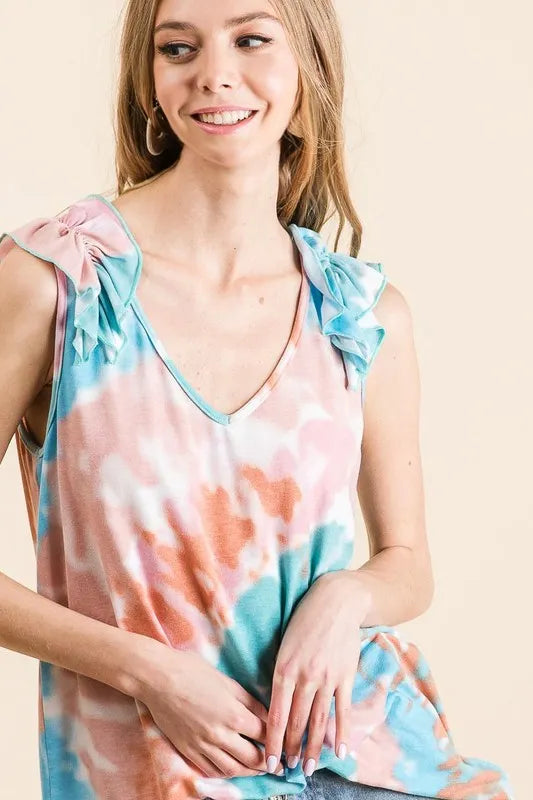 BiBi Circular Tie Dye Knit V Neck Top With Ruffle