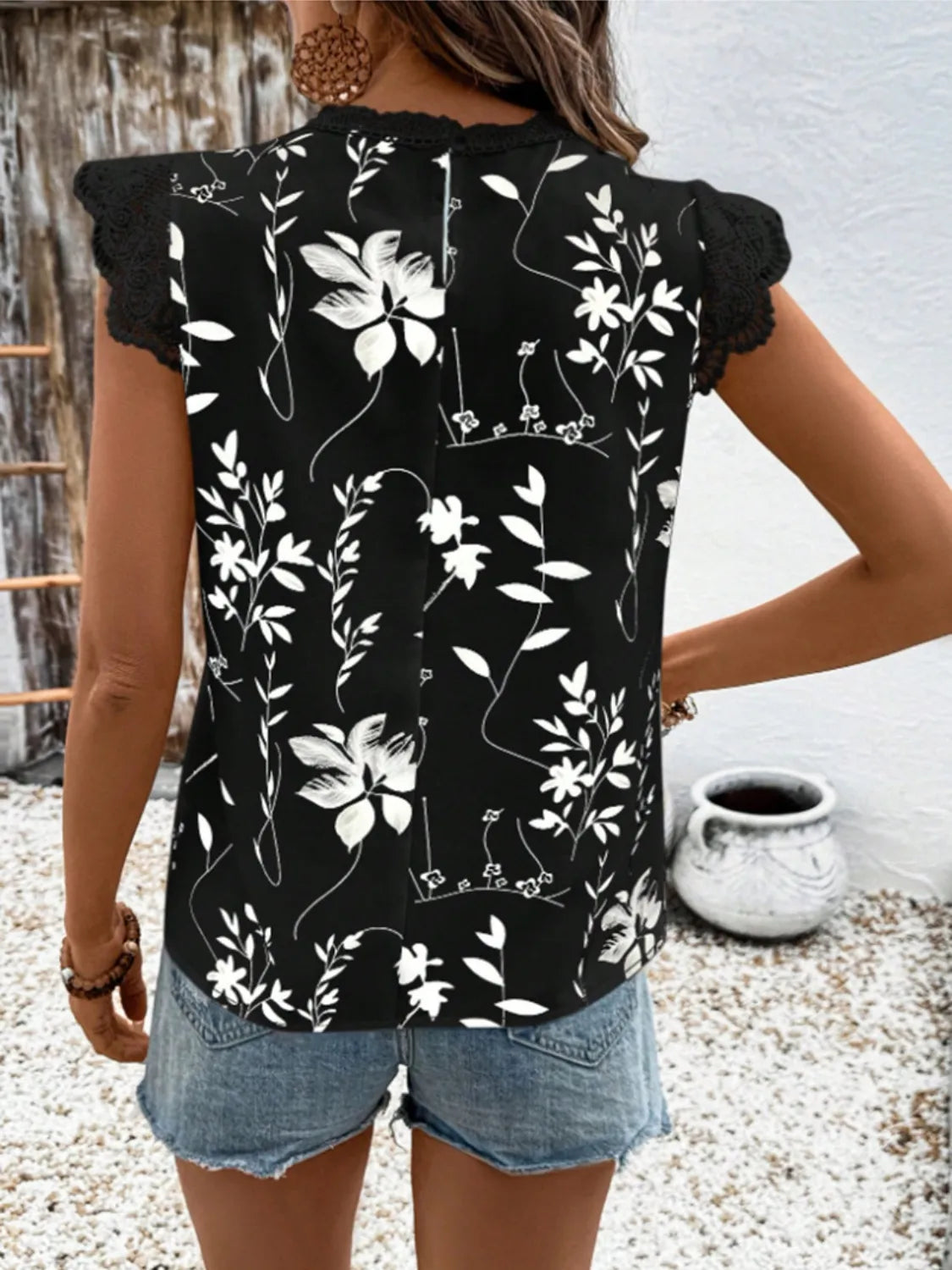 Lace Detail Printed Cap Sleeve Blouse