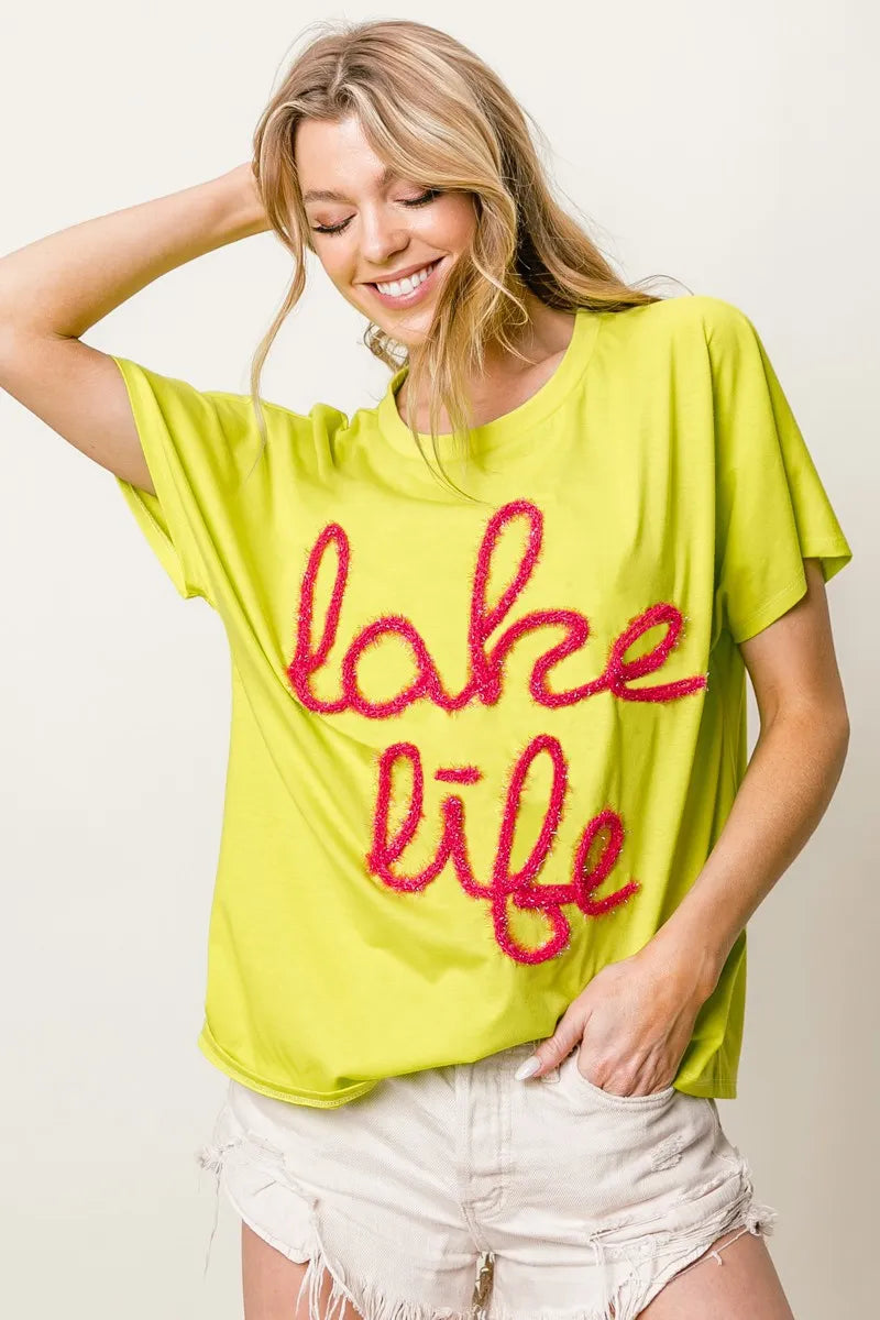 BiBi Metallic Letter Short Dolman Sleeve Top