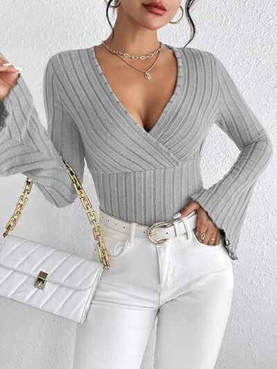 Ribbed Flare Sleeve Top - Sybaritic Boutique