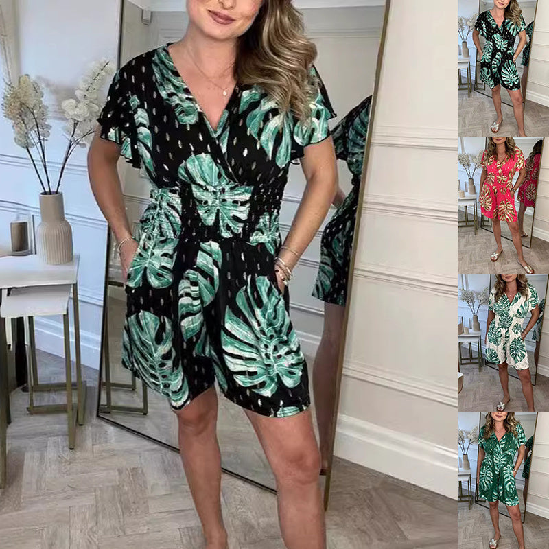 Lightweight Tropical Leaf Print Jumpsuit - V-Neck Summer Romper