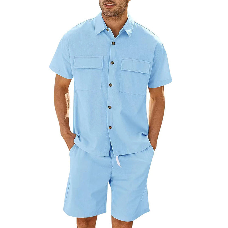 Men's Cotton Linen Two-Piece Summer Set - Short Sleeve Shirt & Shorts