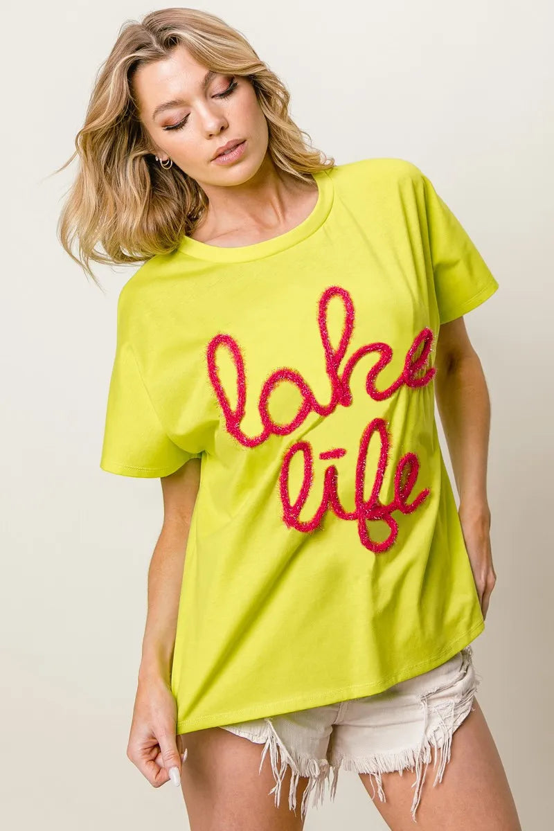 BiBi Metallic Letter Short Dolman Sleeve Top