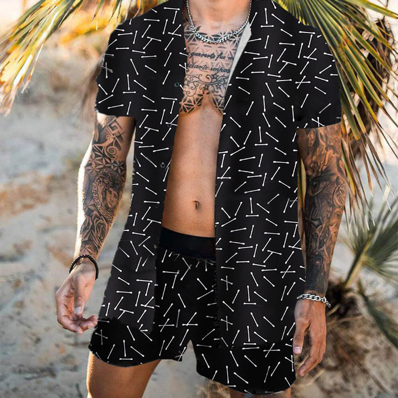 Men's Tropical Palm Print Shirt Shorts Set - Beach Summer Outfit