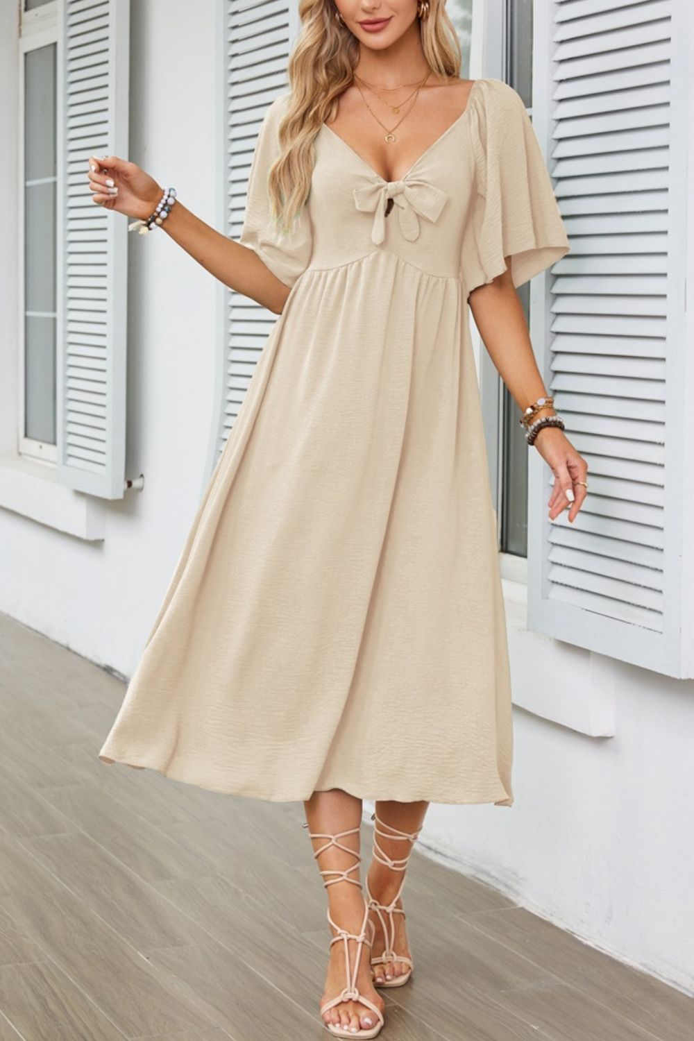 Smocked Tie Front Flutter Sleeve Midi Dress