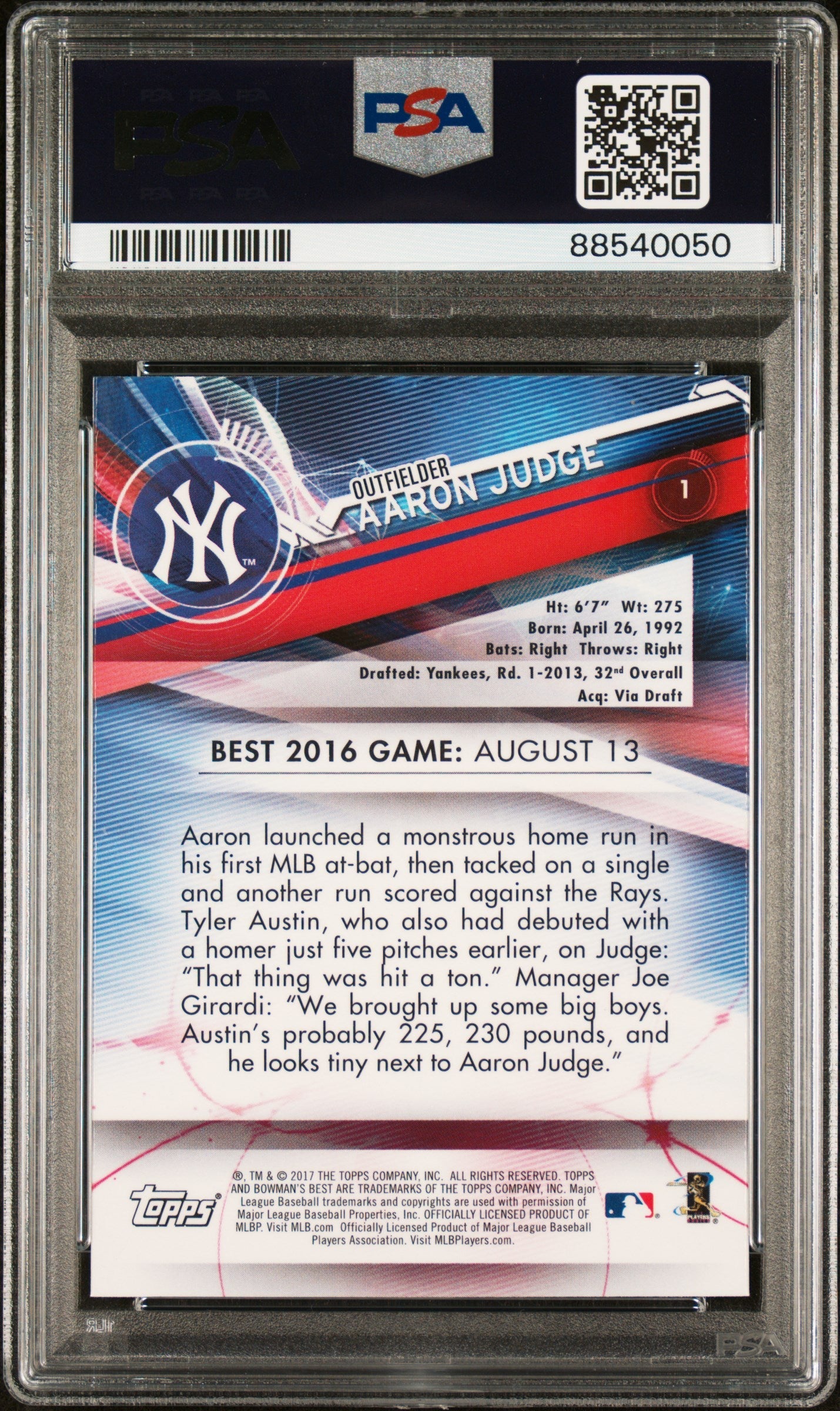 Graded 2017 Topps Bowmans Best Aaron Judge #1 Rookie RC Baseball Card PSA 10 Gem Mint