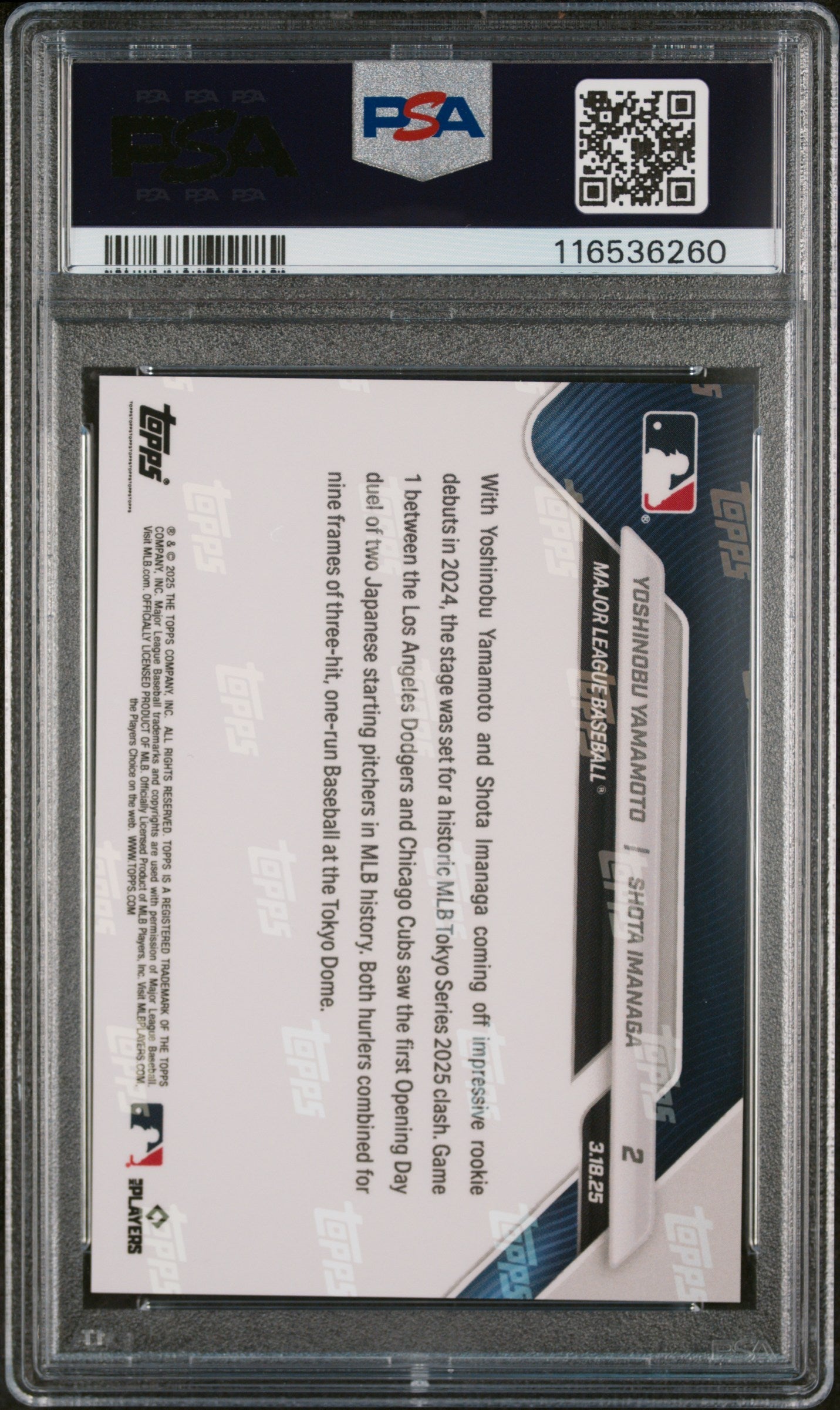 Graded 2025 Topps Now Yoshinobu Yamamoto/Shota Imanga #2 Baseball Card PSA 10 Gem Mint