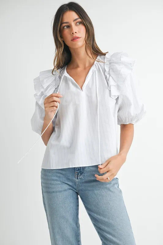 MABLE Stripe Ruffle Shoulder Puff Sleeve Blouse