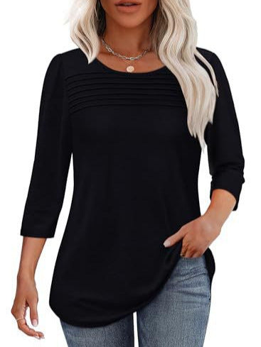 Soft Pleated 3/4 Sleeve Top - Polyester Blend Round Neck Pullover