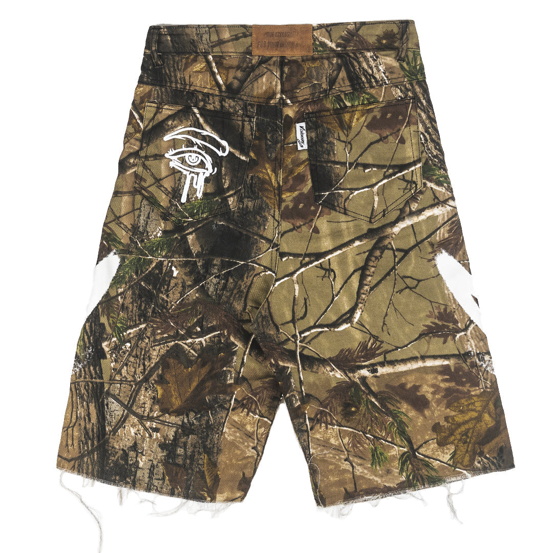 CAMO “GRAFFITI BLITZ” LONG STRAIGHT DENIM SHORTS