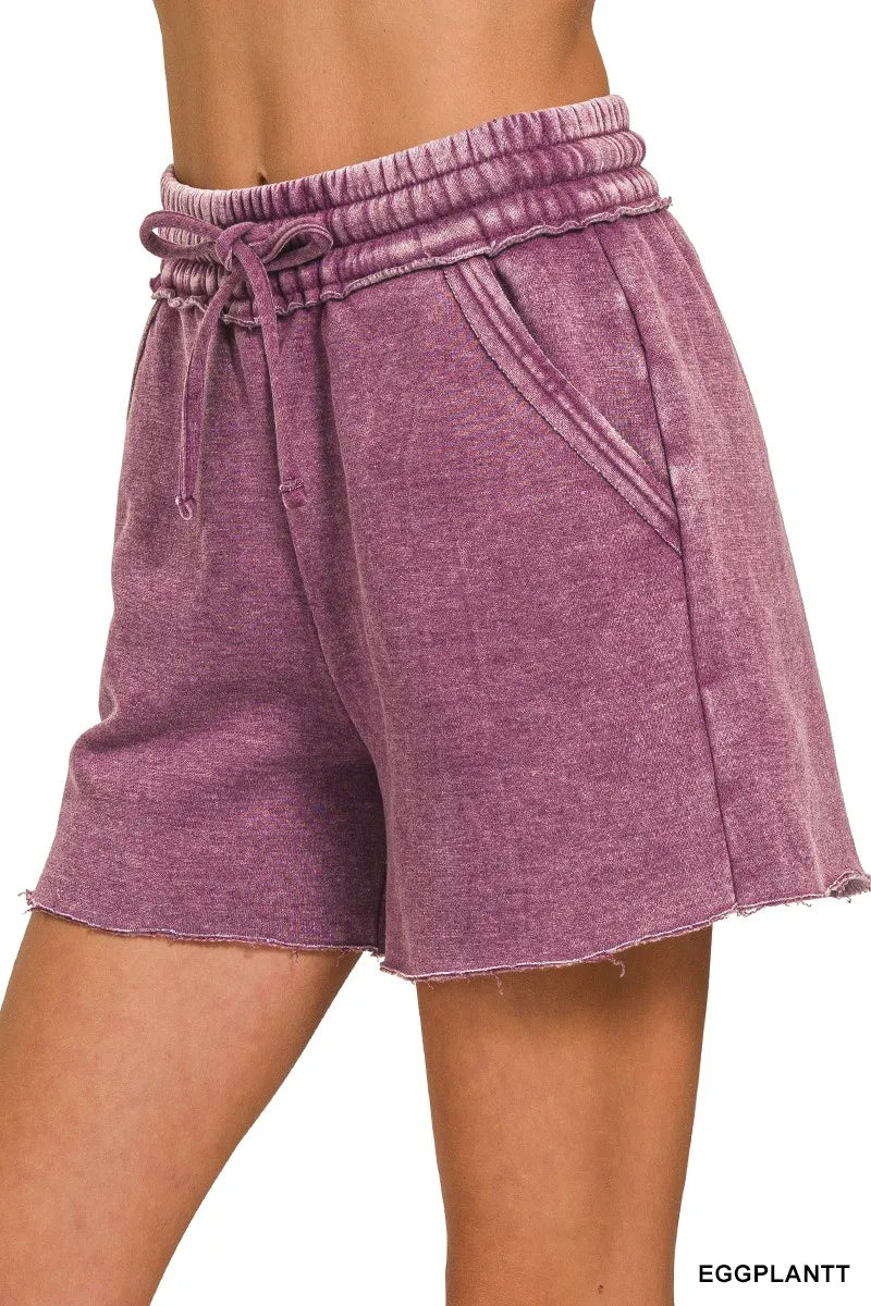Zenana Acid Wash Fleece Drawstring Shorts With Pockets