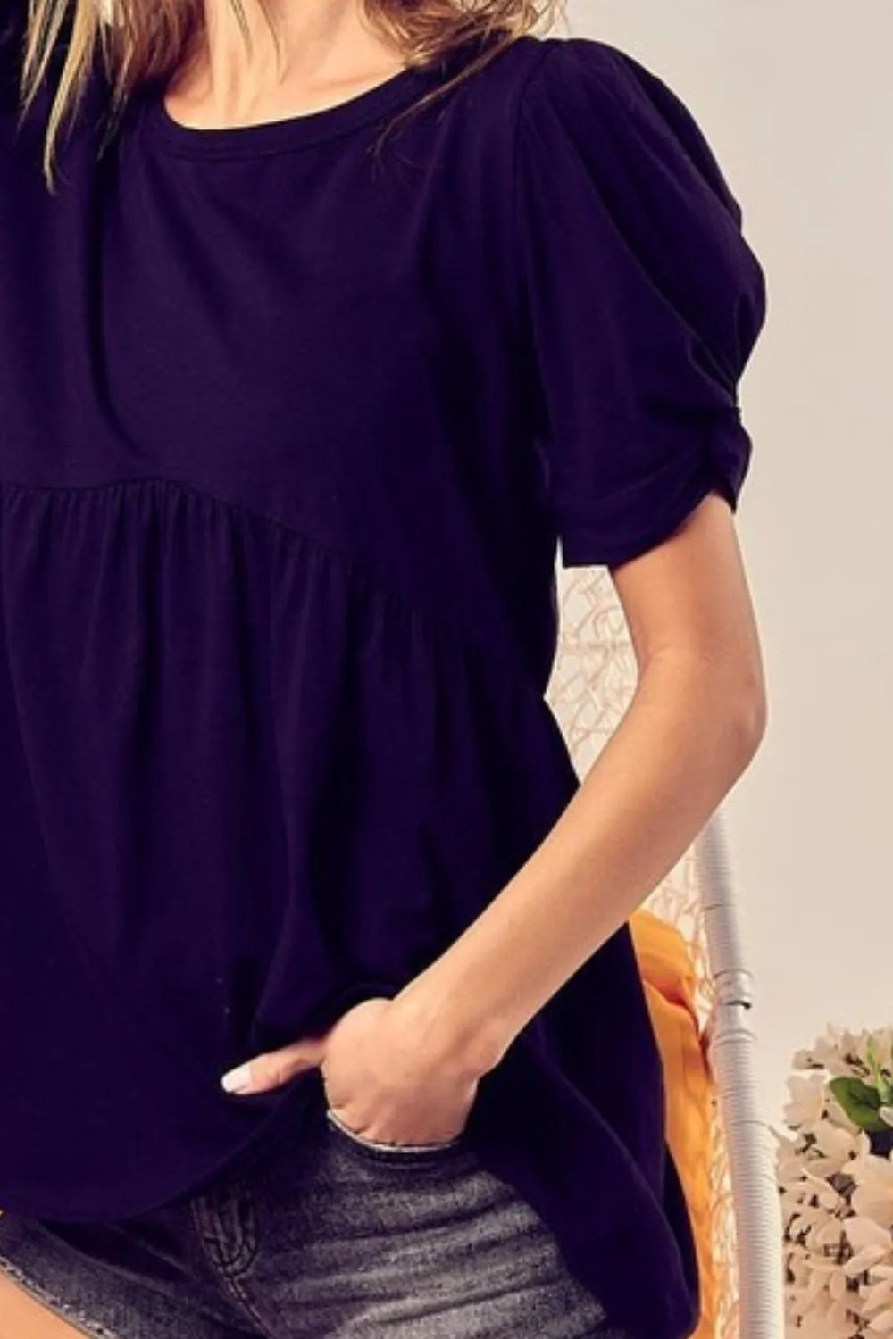 BiBi Cotton Span Knit With Puff Sleeve Baby Doll Top