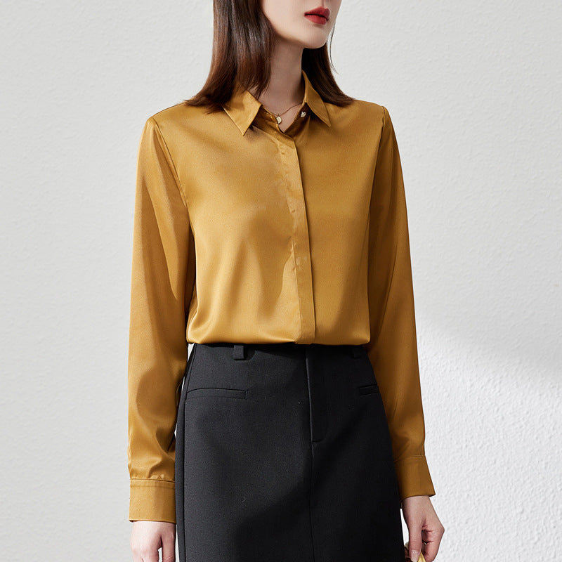 Satin Office Shirt - Long Sleeve Button Front Blouse for Work