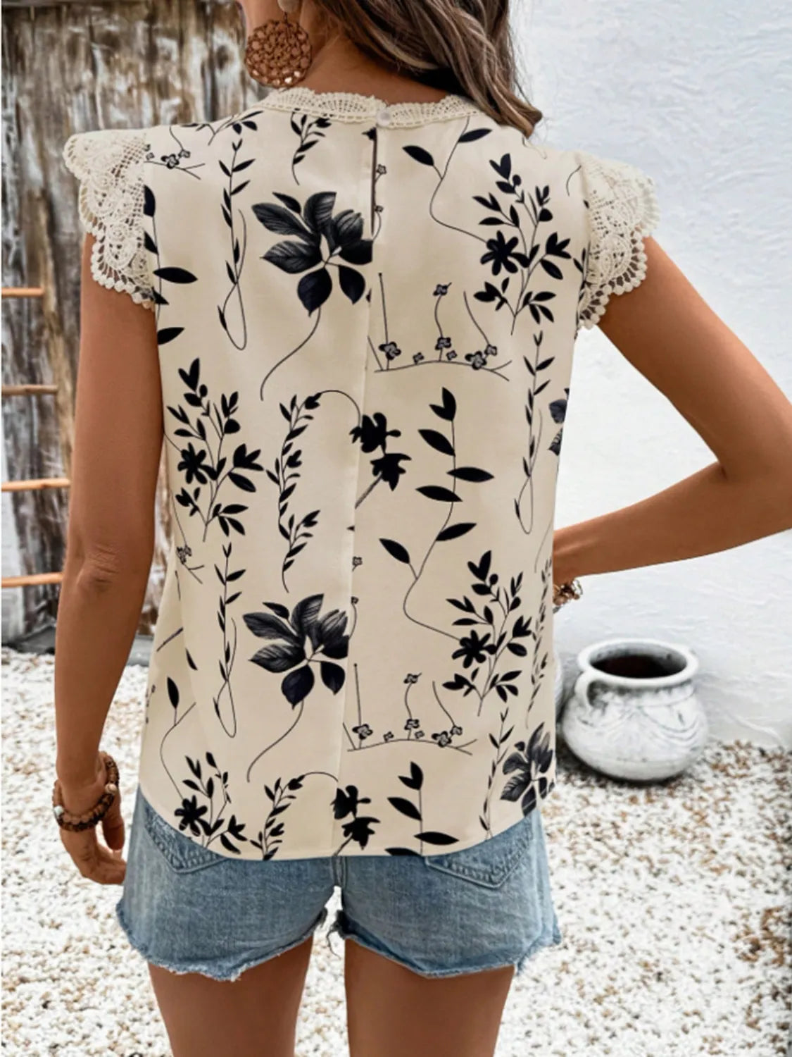 Lace Detail Printed Cap Sleeve Blouse