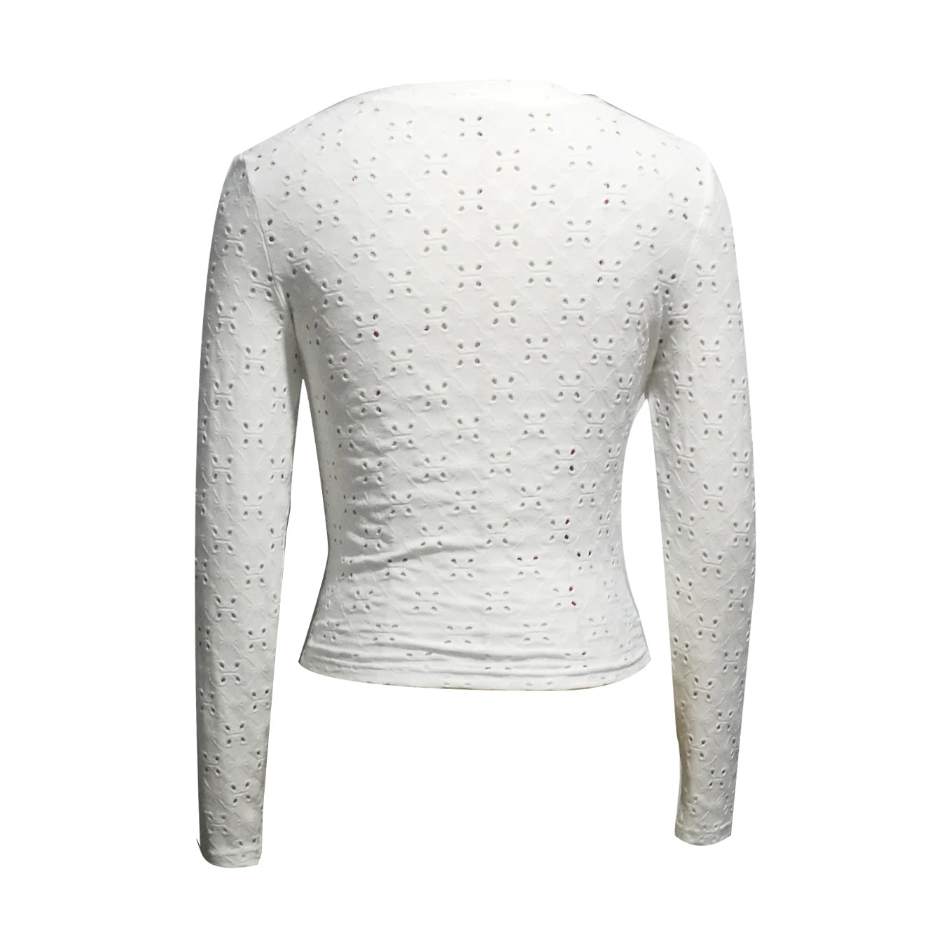 White Eyelet Cutout V-Neck Long Sleeve Top - Polyester Fitted