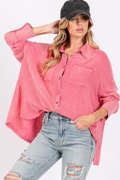 SAGE FIG Frayed Hem Side Slit Button Down Shirt