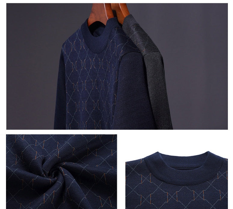 Fleece-Lined Black Pullover - Geometric Pattern Long Sleeve