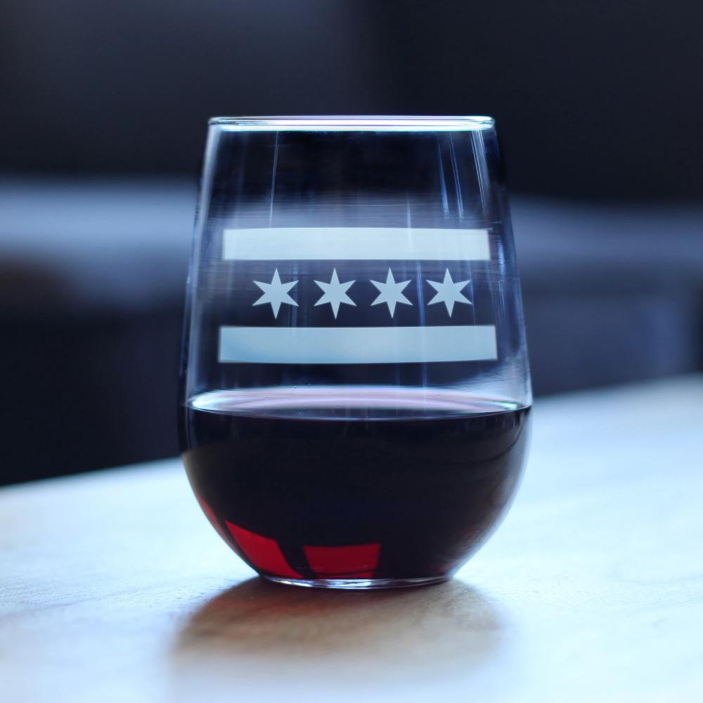 Chicago Flag – Cute Chitown Stemless Wine Glass, Large Glasses, Etched Sayings, Gift Box