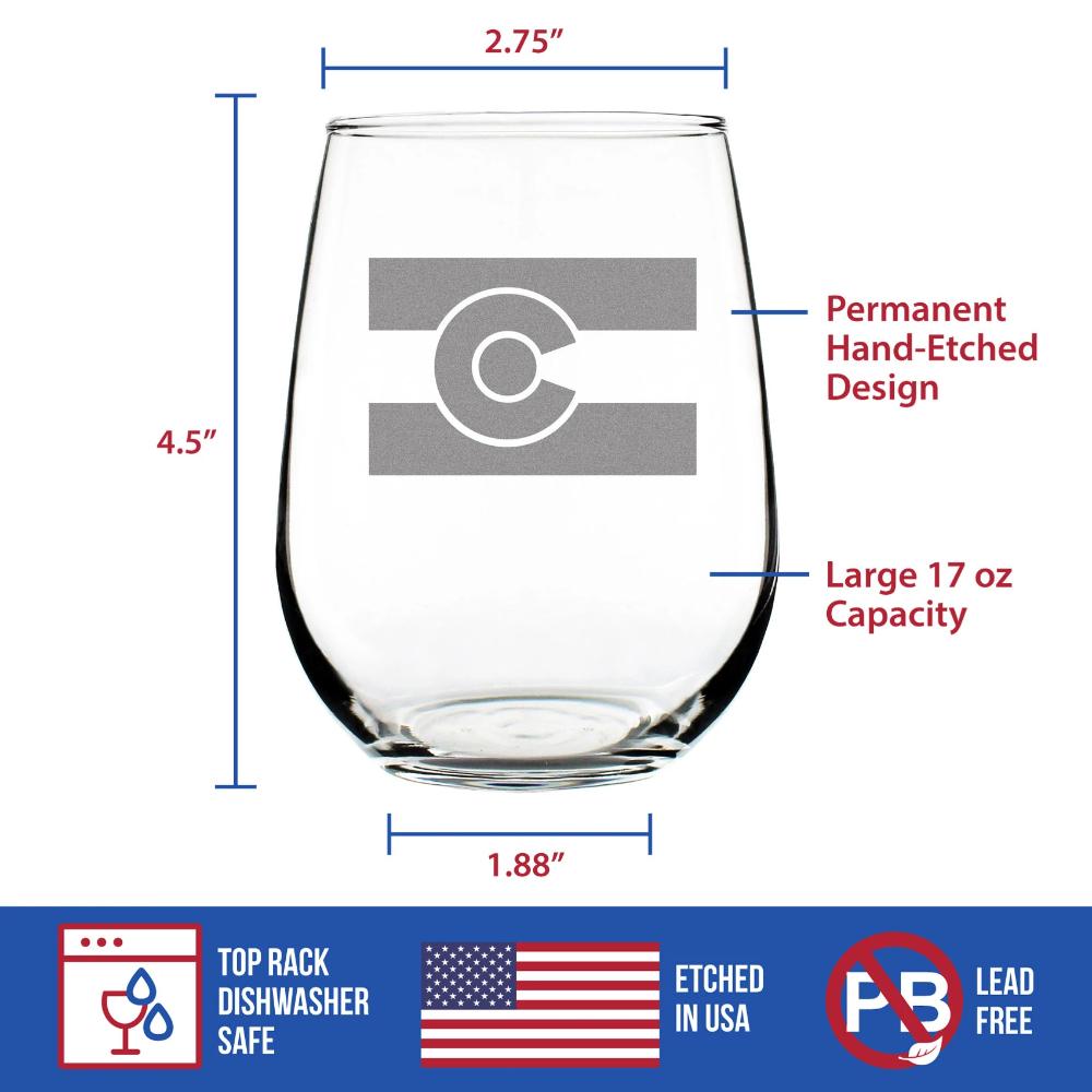 Colorado Flag - Cute Centennial State Stemless Wine Glass, Large 17 oz, Etched Sayings, Gift Box
