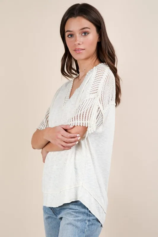VERY J Oversized Contrast Knit Comfy Casual Top