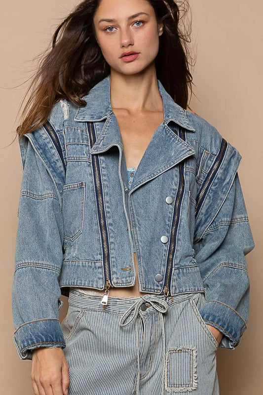 POL Cropped Denim Jacket with Functional Zipper Detail