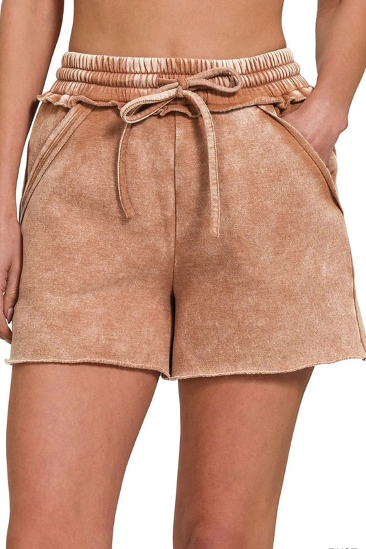 Zenana Acid Wash Fleece Drawstring Shorts With Pockets