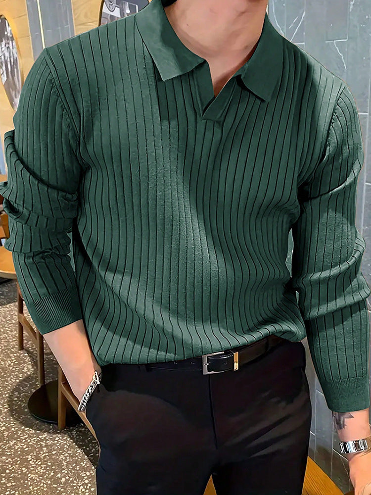 Textured Long Sleeve Polo Shirt - Slim Fit Ribbed Knit Polyester