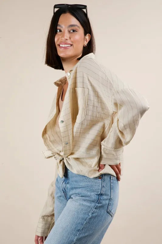 VERY J Oversized Striped Button Down Shirt Top