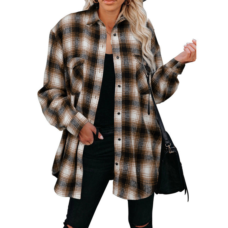Oversized Plaid Shirt Jacket - Mid-Length Button Up Polyester Blend