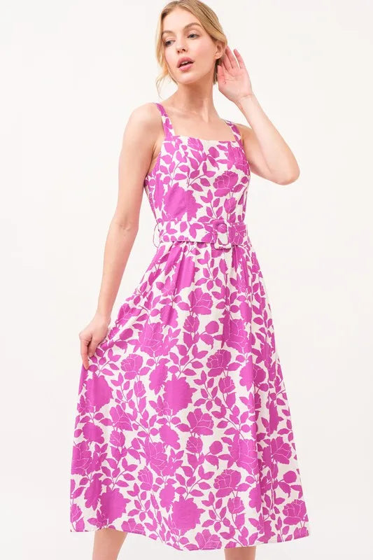 And The Why Square Neck Belted Floral Printed Midi Dress