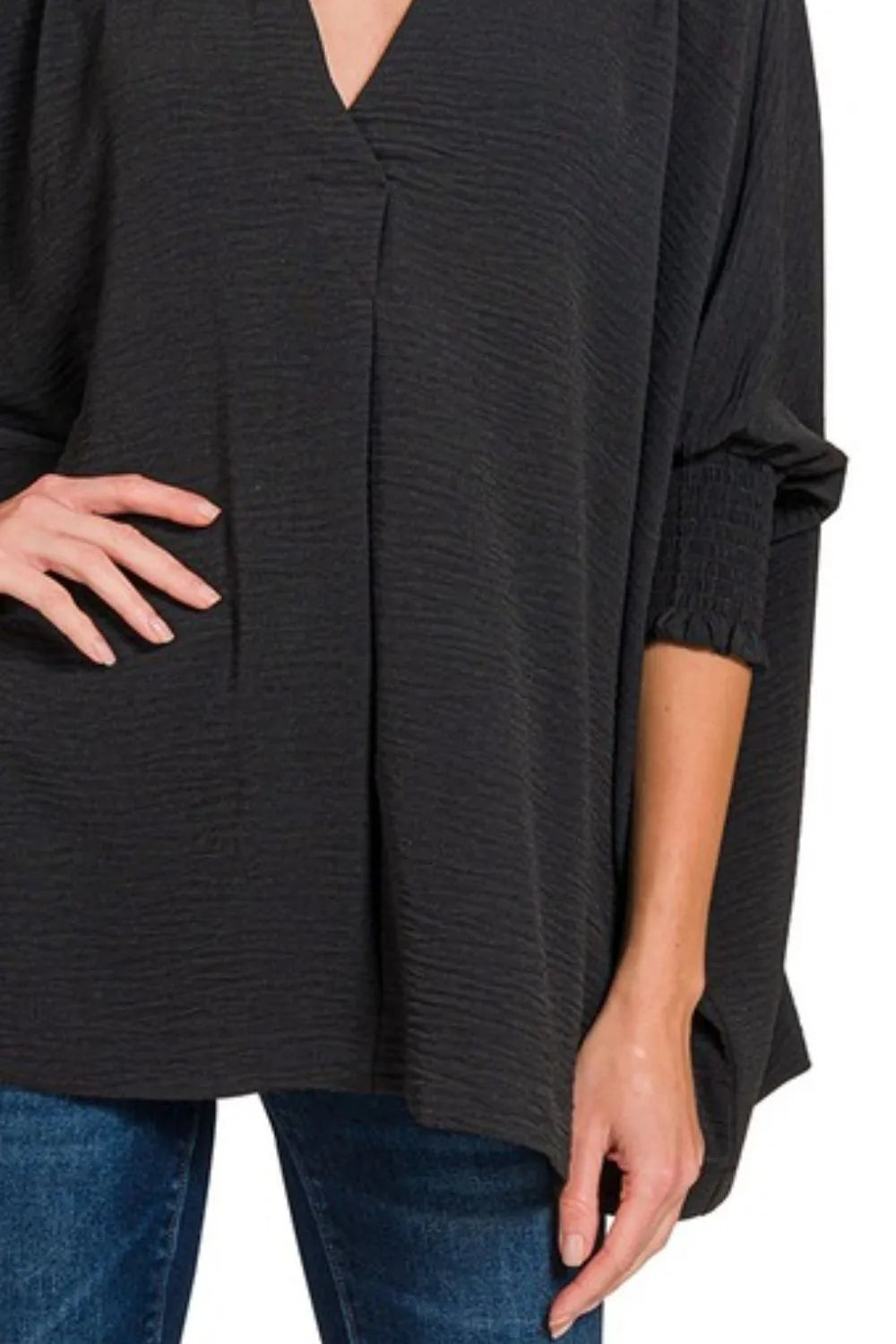 Zenana Airflow Collar Tee with Smocked Sleeve Band Top