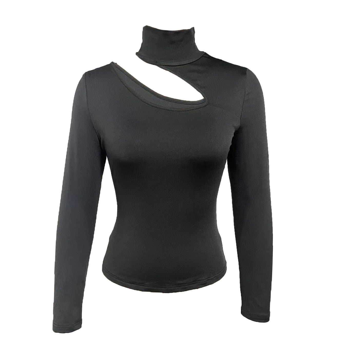 Black Cutout High Neck Top - Slim Fit Long Sleeve Turtleneck