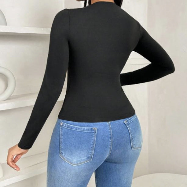 Lightweight Polyester Pleated Collar Slim Fit Long Sleeve Top