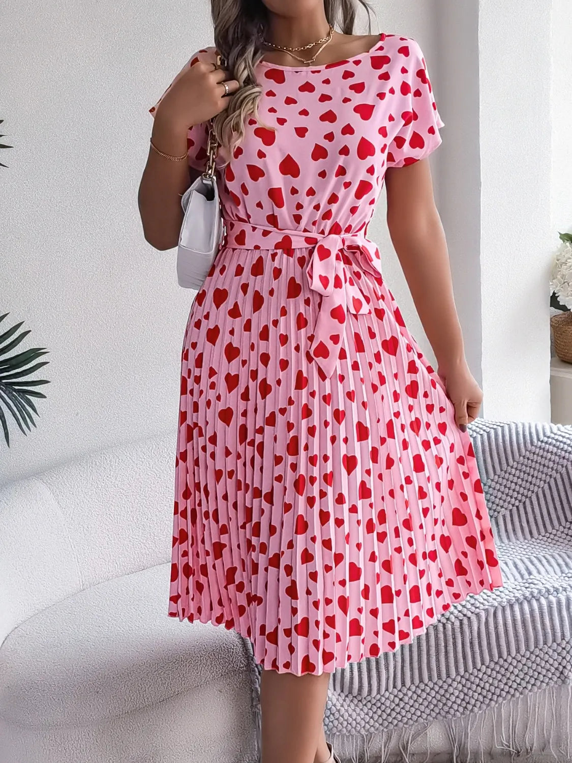 Heart Print Short Sleeve Tie Waist Dress