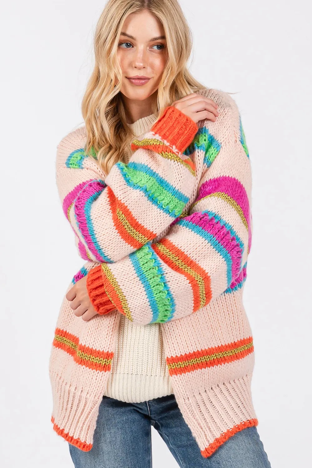 SAGE FIG Rainbow Striped Open Front Knit Cardigan