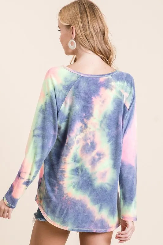 BiBi Tie Dye Terry Top with Contrast Stitching Detail