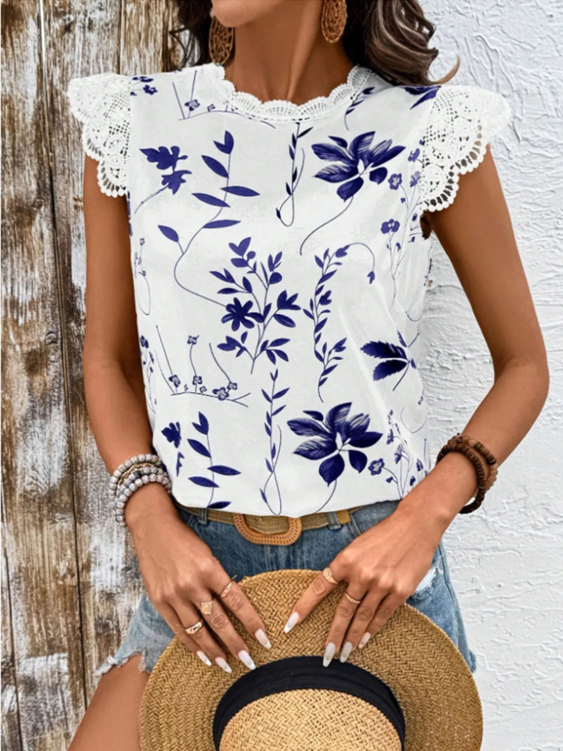 Lace Detail Printed Cap Sleeve Blouse