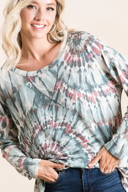 BiBi Tie Dye Terry Top with Contrast Stitching
