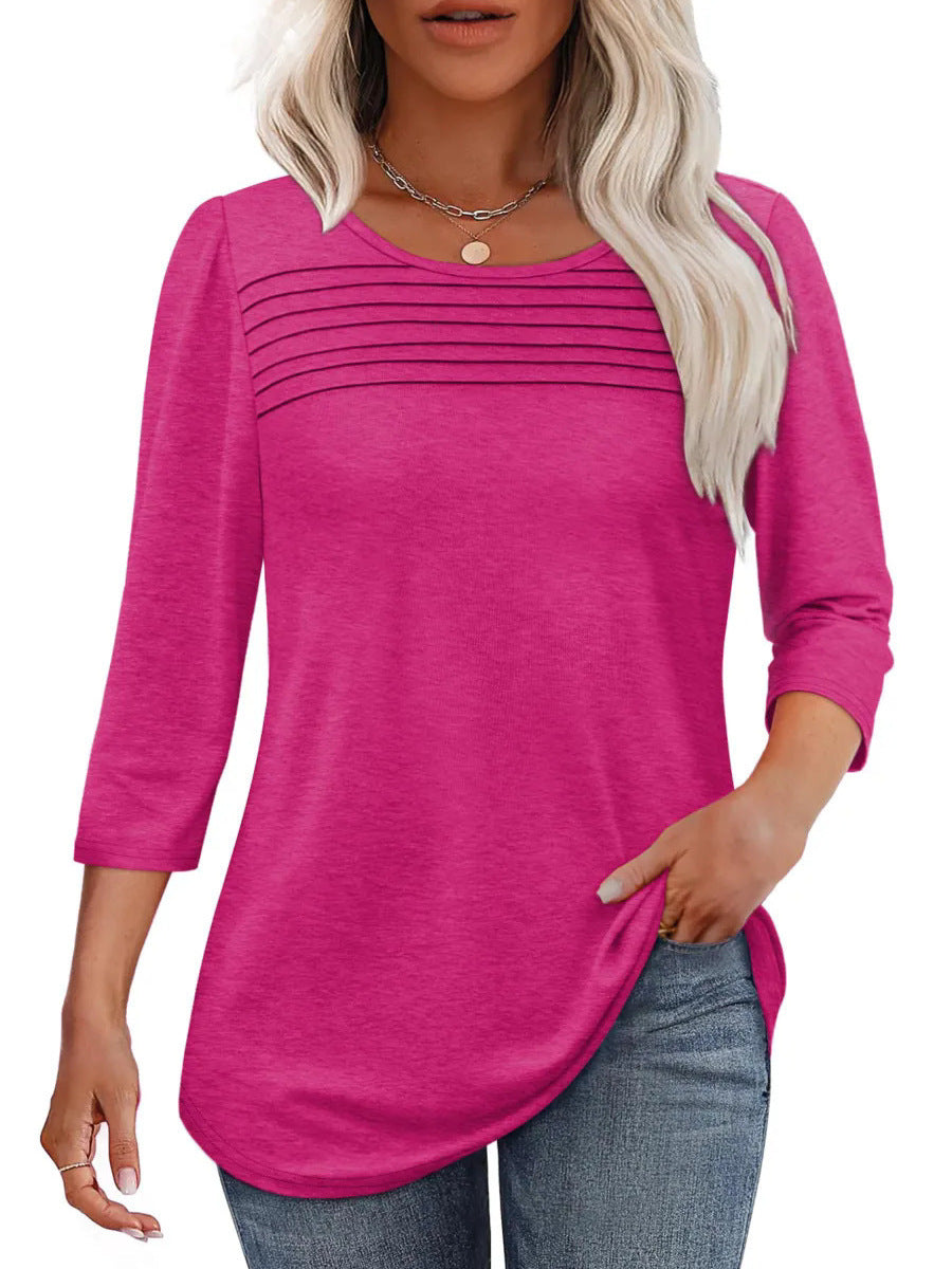 Soft Pleated 3/4 Sleeve Top - Polyester Blend Round Neck Pullover