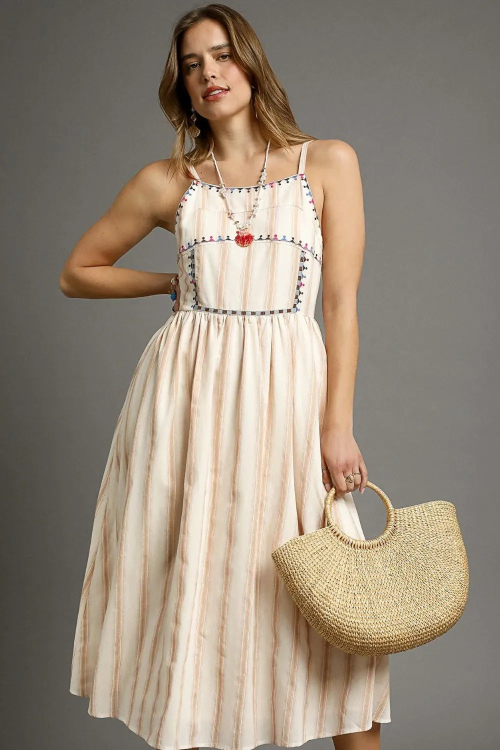 Umgee Striped Colorful Embroidered Trim Cami Dress