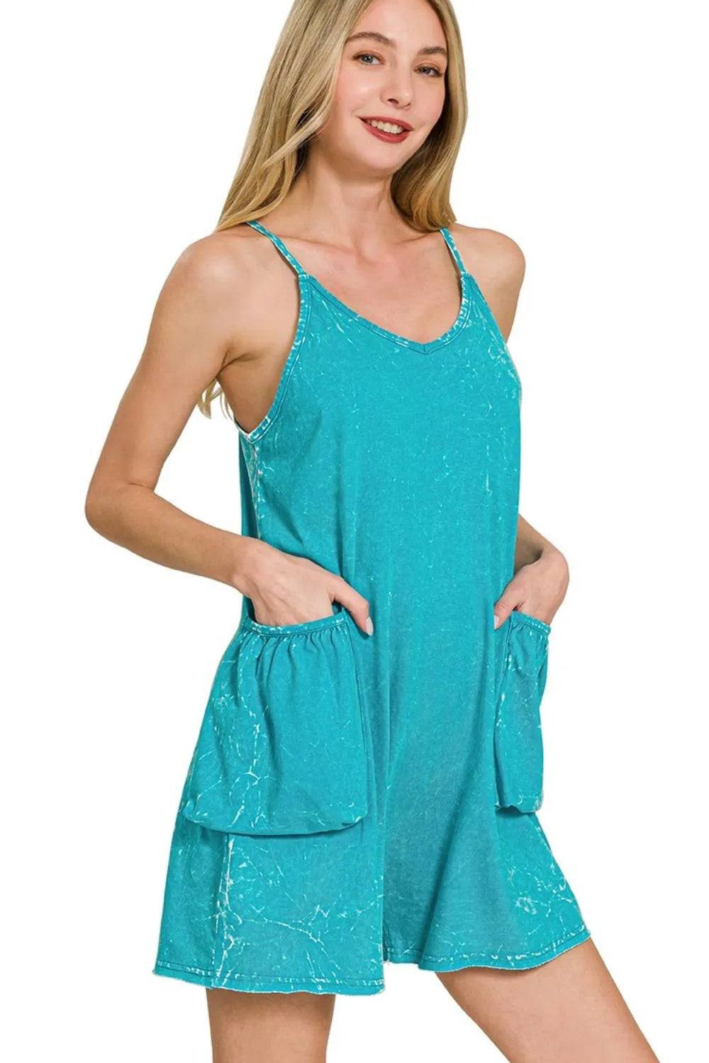 Zenana Acid Crinkle Washed Spaghetti Strap Romper