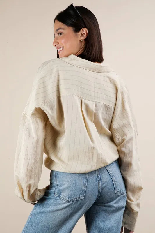 VERY J Oversized Striped Button Down Shirt Top