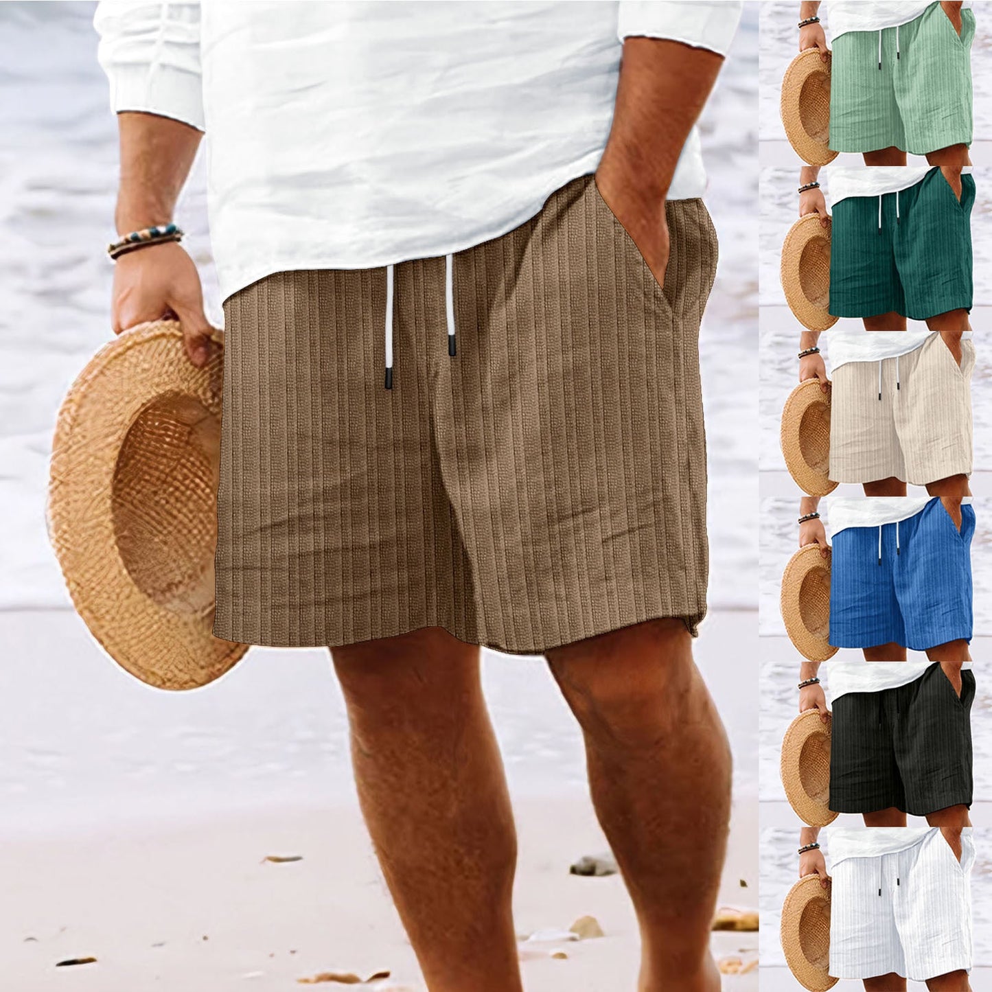 Men's Striped Bamboo Cotton Summer Shorts - Drawstring Casual